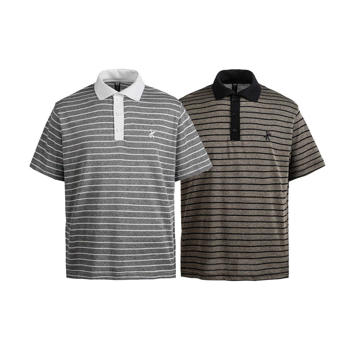 Two short-sleeve striped polo shirts: one gray with white stripes and collar, and one tan with black stripes and collar.