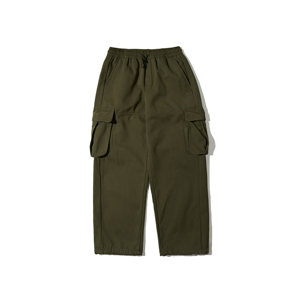 Army green wide-leg cargo pants flat lay with elastic drawcord waist and large flap thigh pockets