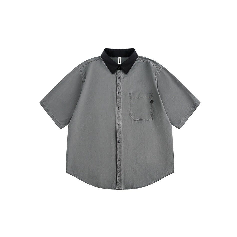 Gray short-sleeve button-up shirt with black contrast collar and chest pocket, flat lay front view