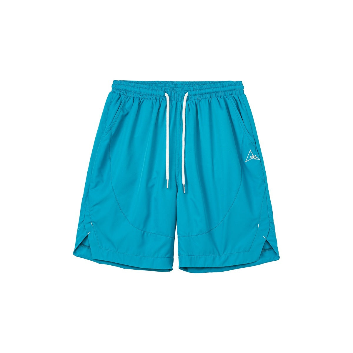 Teal drawstring shorts with elastic waist, curved seam panels and split side hems, front view