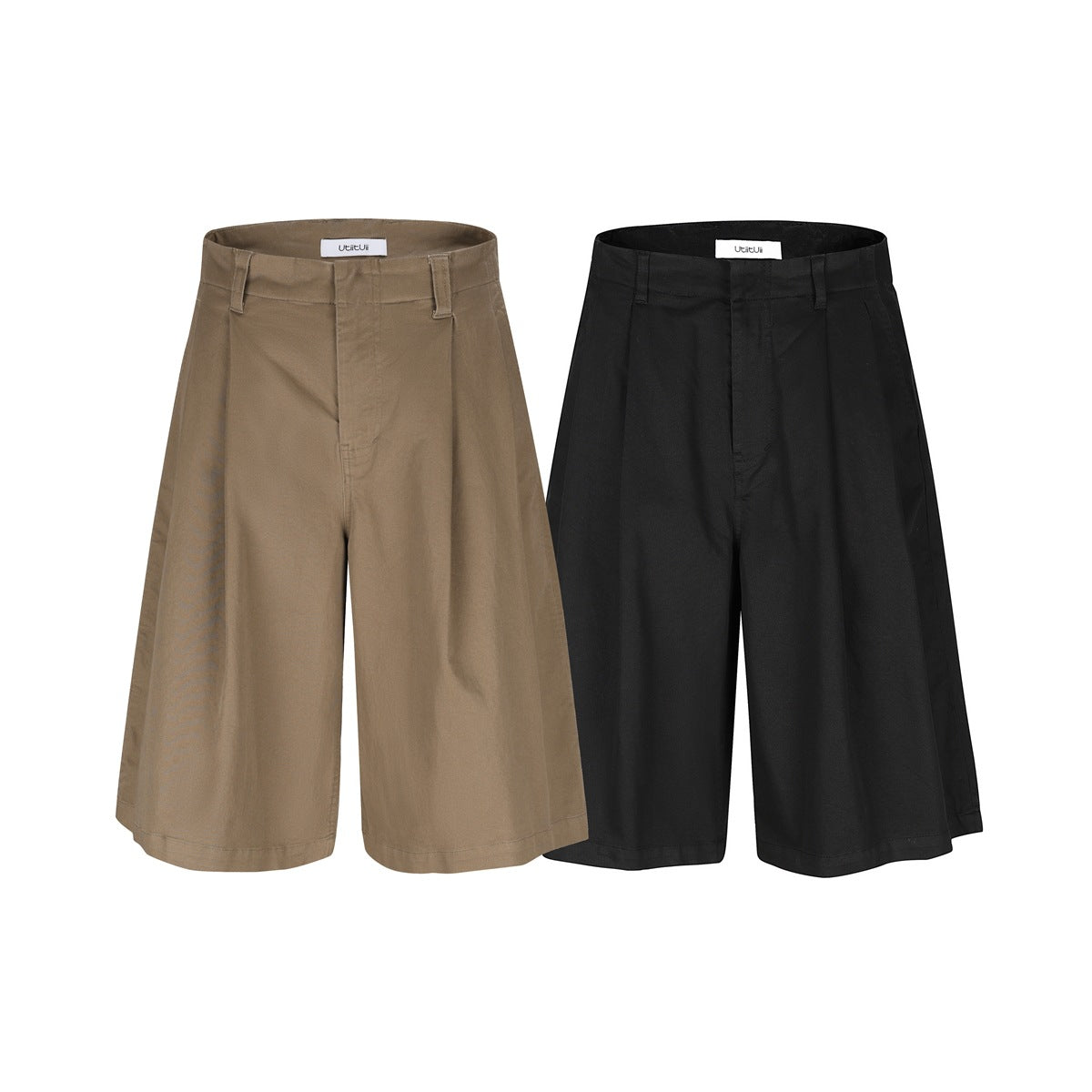 Front view of wide-leg shorts in tan and black, shown side by side.