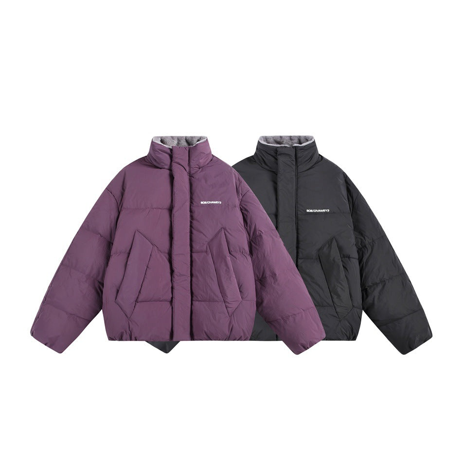 Front views of the padded jacket in plum and black, with tall collars and angular front pockets.