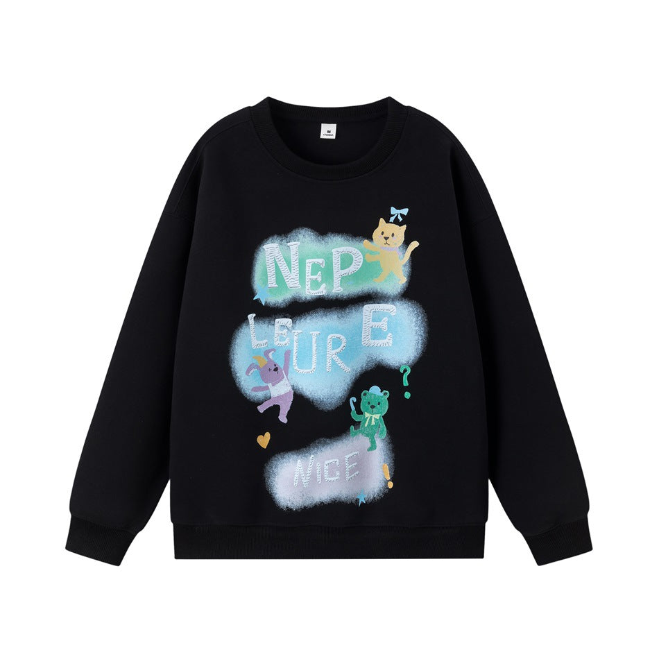 Black crew-neck sweatshirt with colorful airbrushed cat, rabbit and bear graphic and lettering on the front