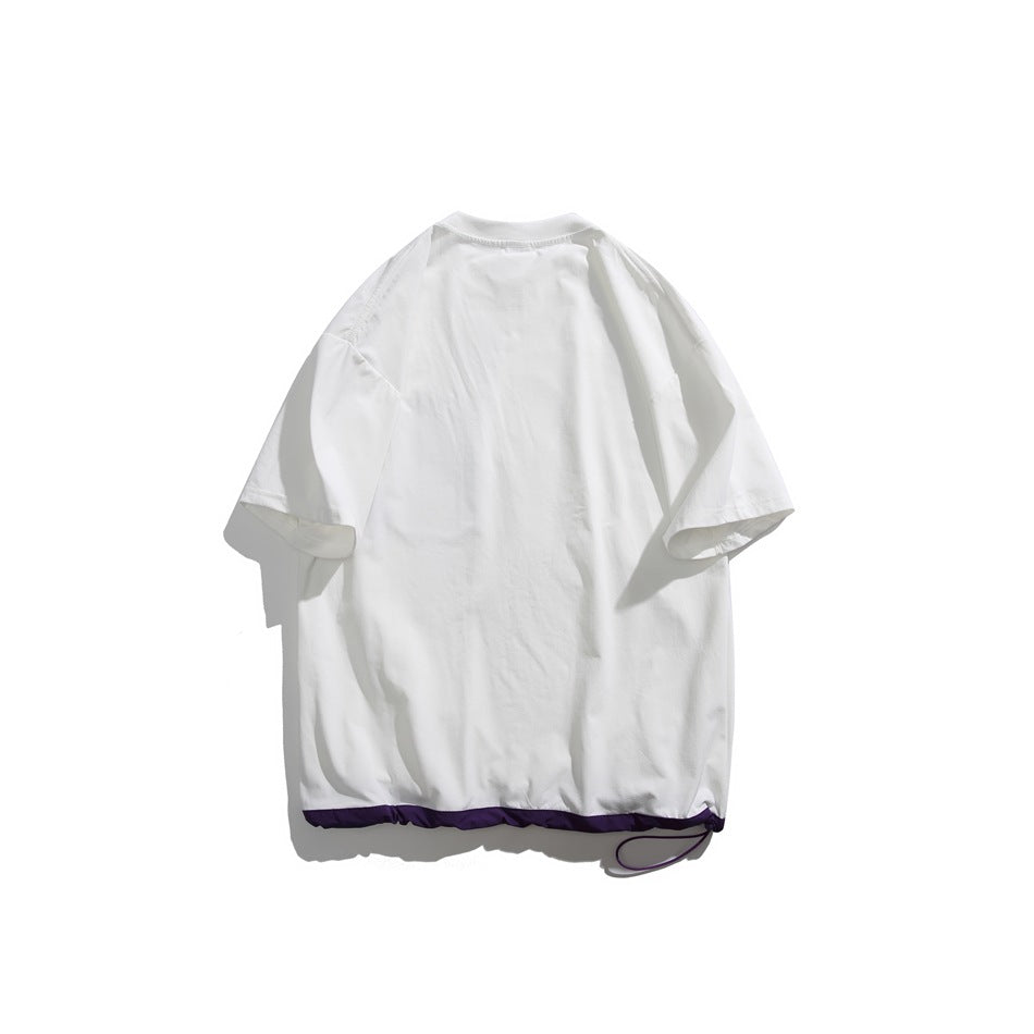 Back view of a white oversized T-shirt with purple hem trim and a drawcord.