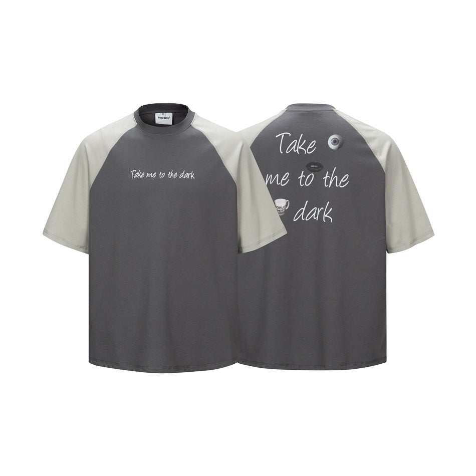 Charcoal short-sleeve raglan T-shirt shown front and back, with light gray sleeves and white script and graphic details.