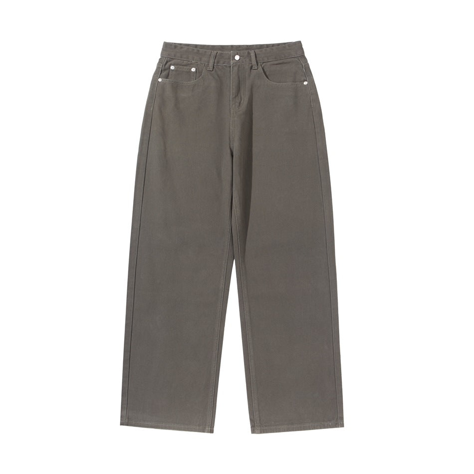 Front flat view of brown wide-leg five-pocket pants with button waistband and contrast stitching