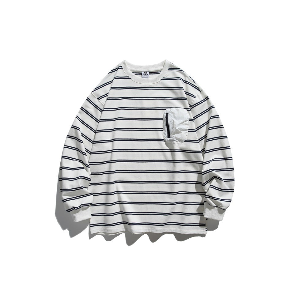 Off-white long-sleeve crew-neck sweatshirt with navy double stripes and a zippered chest pocket, flat lay