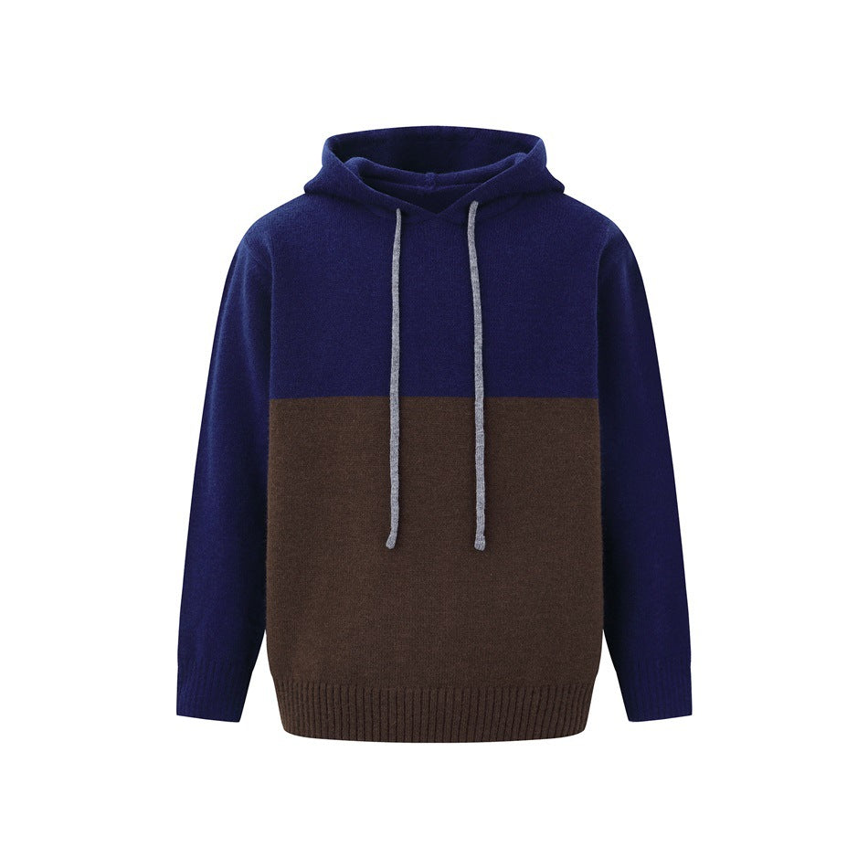 Navy blue and brown color-block knit hooded sweater with gray drawstrings, front flat view