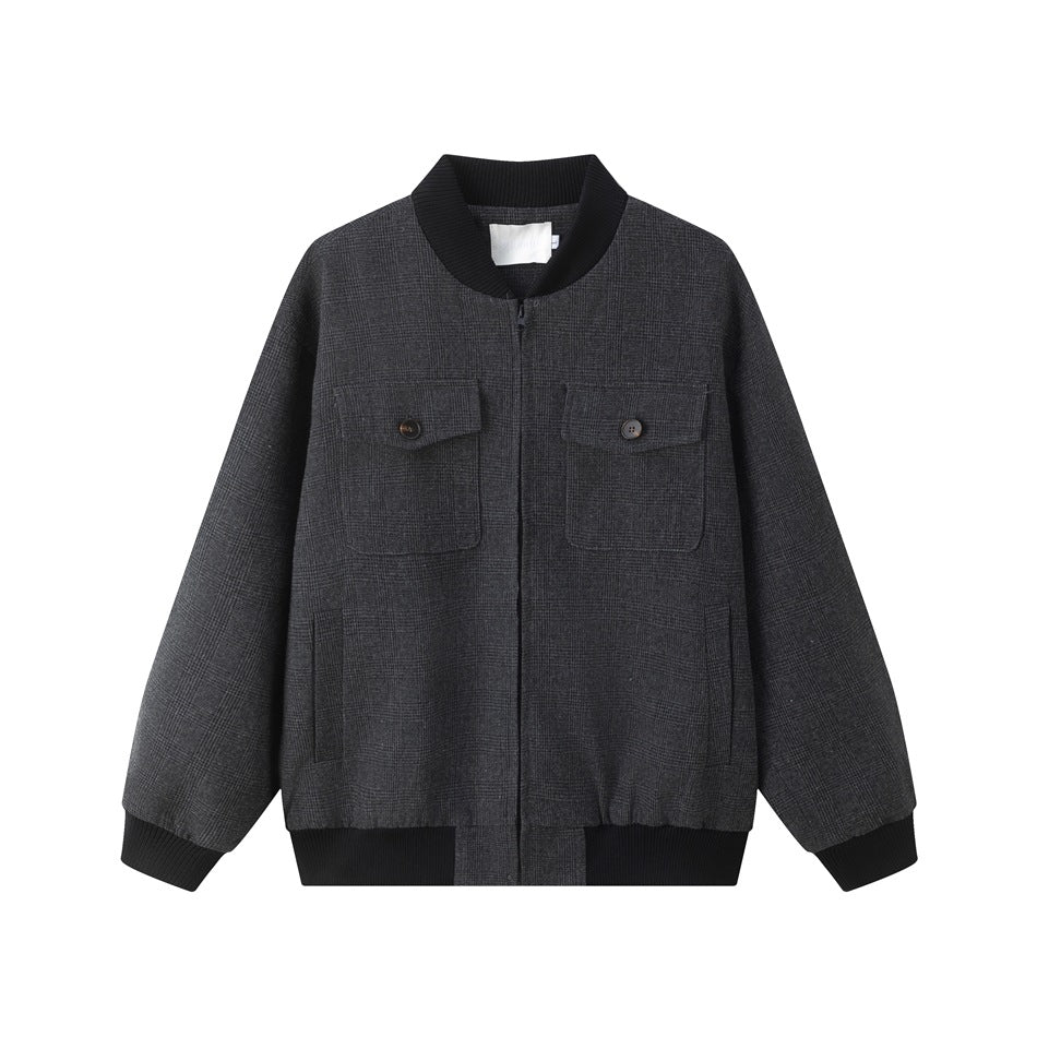 Gray plaid-textured bomber jacket with black ribbed collar, cuffs and hem, zip front and two flap chest pockets