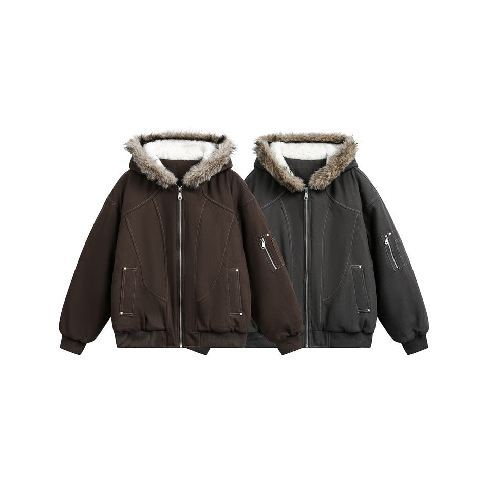Two front-facing hooded jackets shown together in brown and charcoal, each with a fur-trimmed hood and zip closure.