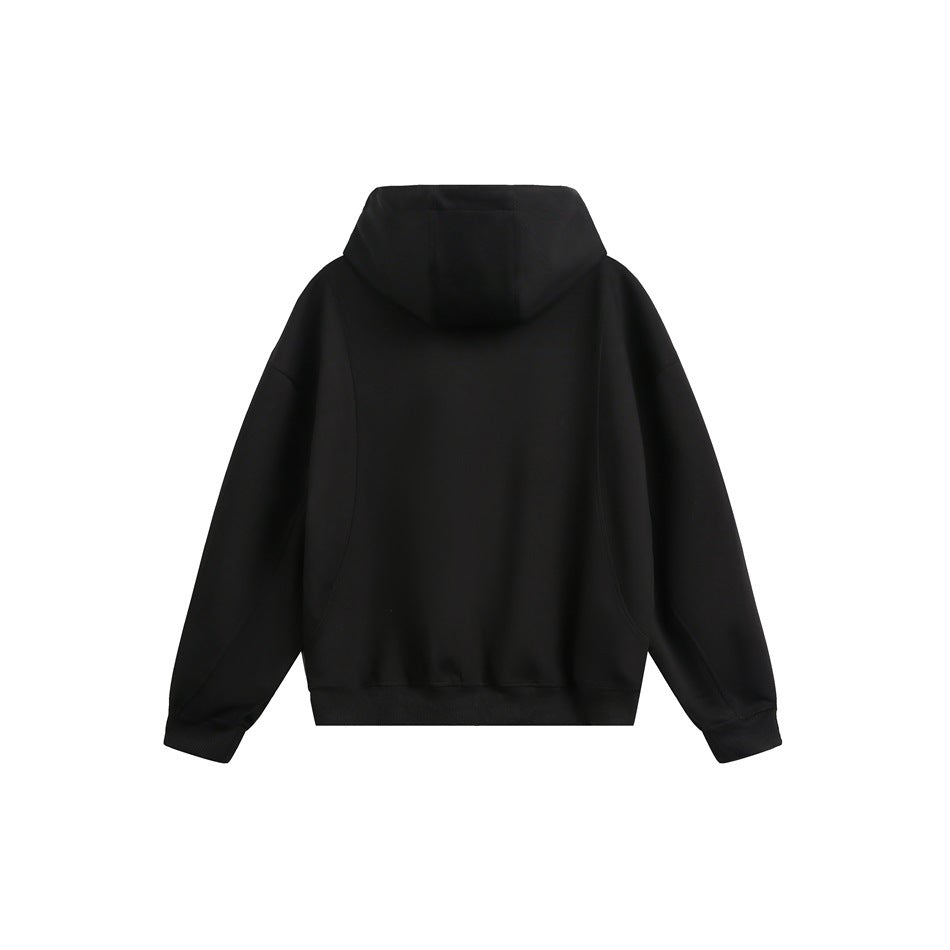 Plain black hooded sweatshirt shown from the back on a white background.