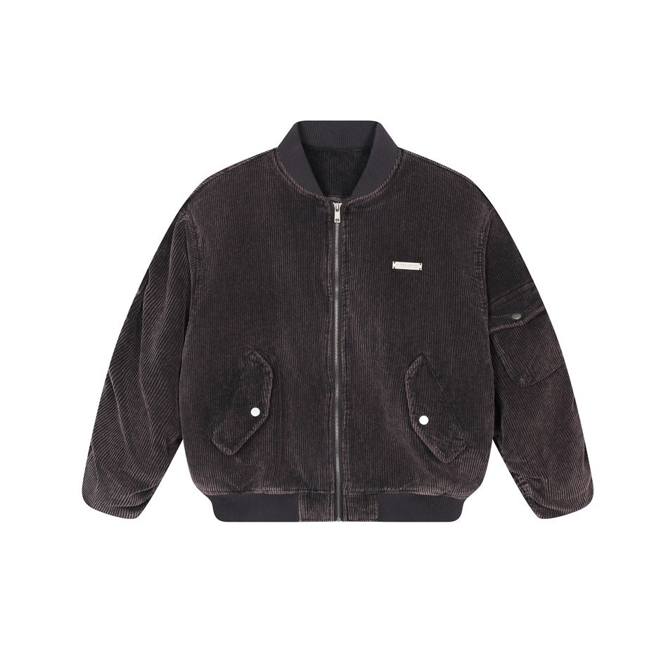 Dark purple-gray corduroy bomber jacket flat lay, front view, zipped with ribbed collar, waist flap pockets and sleeve pocket