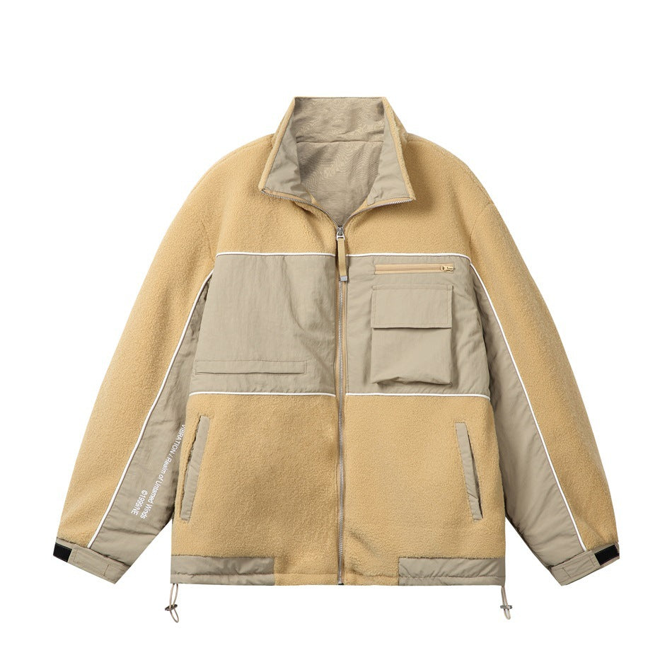Light yellow color-block zip jacket with khaki panels, white piping, chest pockets, stand collar and hem drawcord, flat front