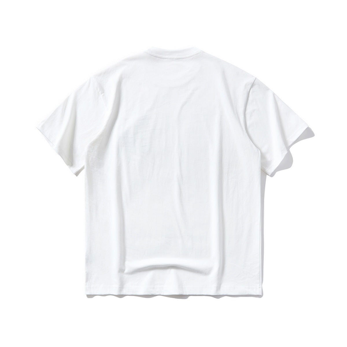 Back view of plain white short-sleeve crew-neck T-shirt laid flat