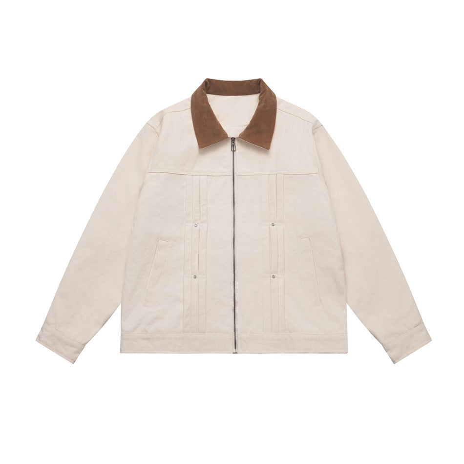 Off-white zip-front jacket with brown contrast collar, pleat details, stud accents and slanted pockets, flat lay