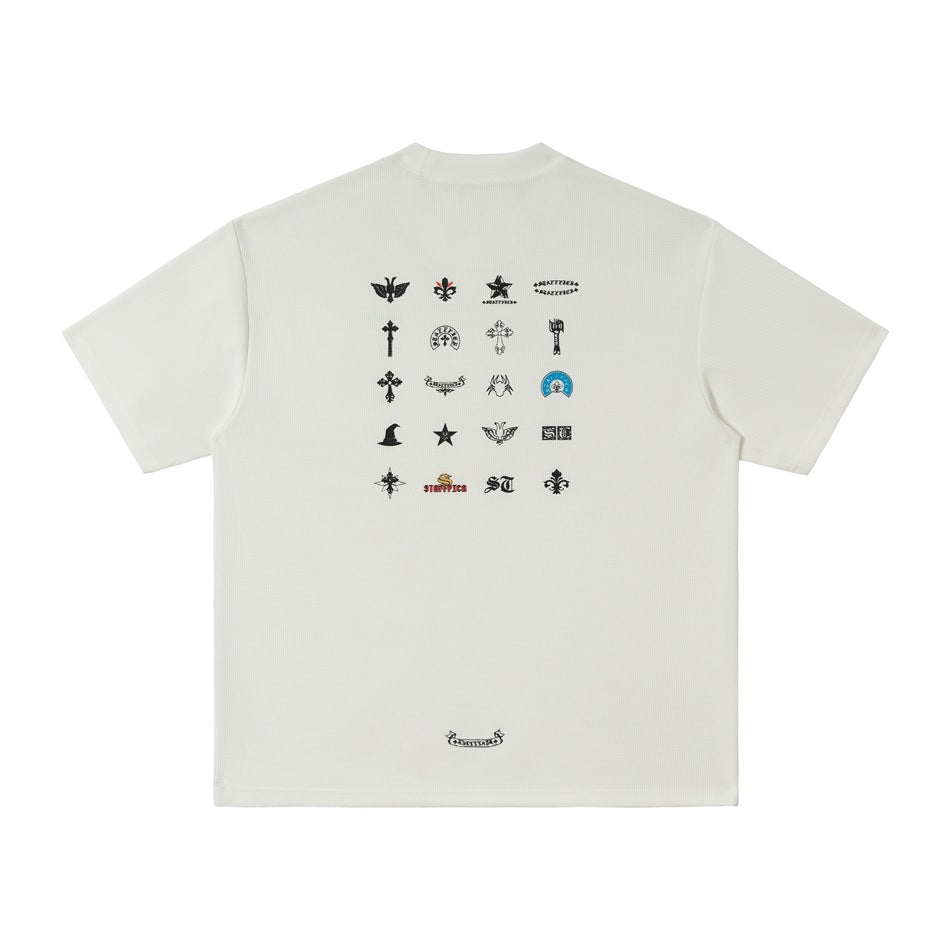 White waffle-textured short-sleeve T-shirt, back view with grid of emblem prints