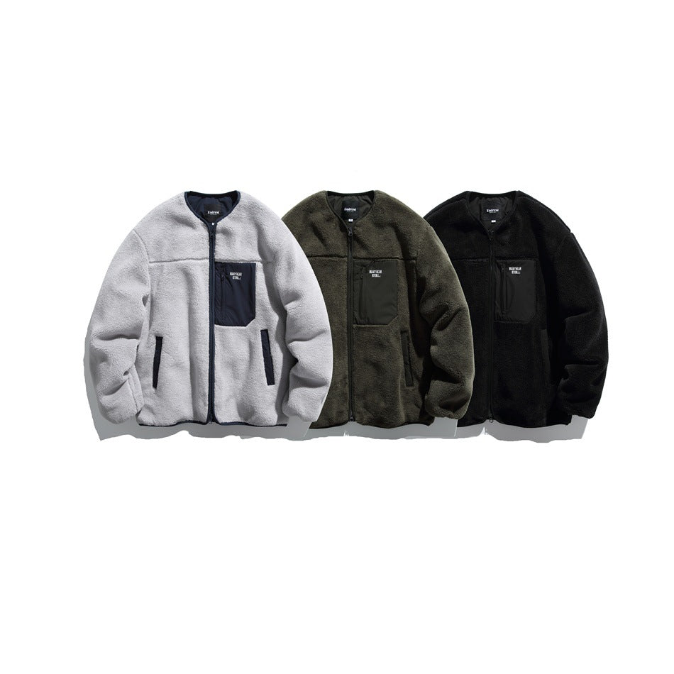 Three front-facing fleece zip jackets in light gray, dark olive, and black, each with a chest pocket.