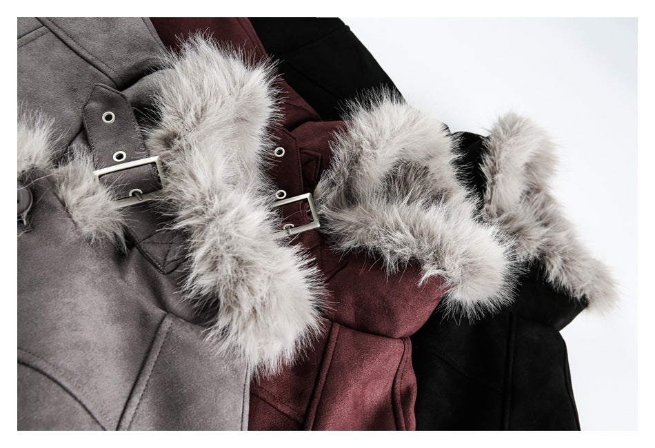 Close-up of gray, burgundy, and black jackets showing their light fur collars and buckle details.