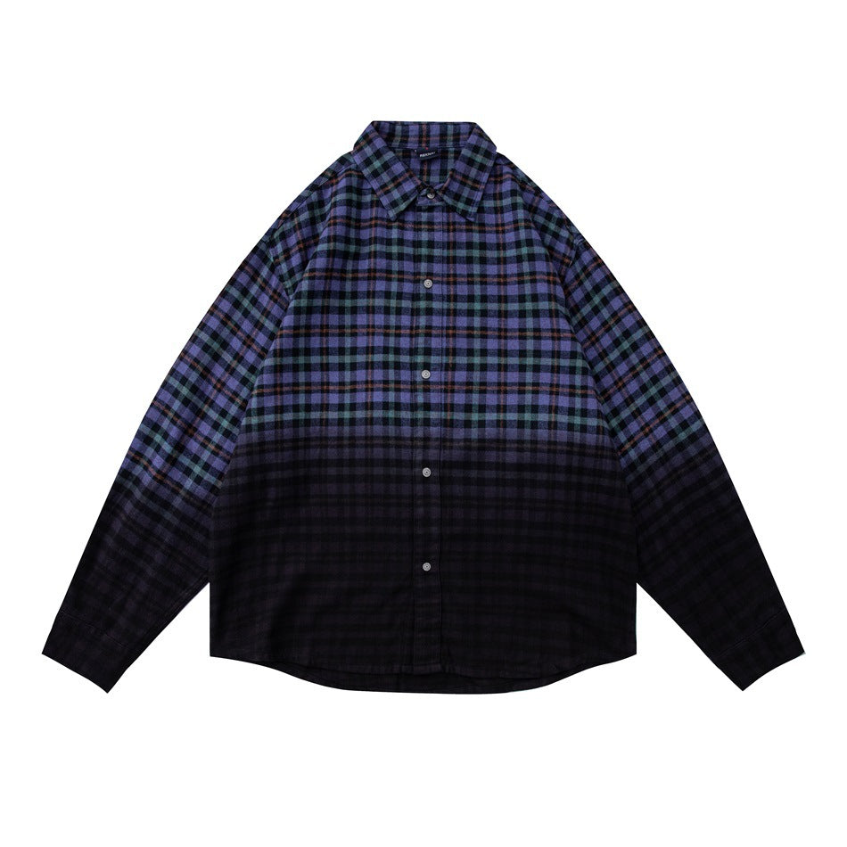 Purple-blue plaid button-front shirt with black gradient fade toward the hem, flat lay front view