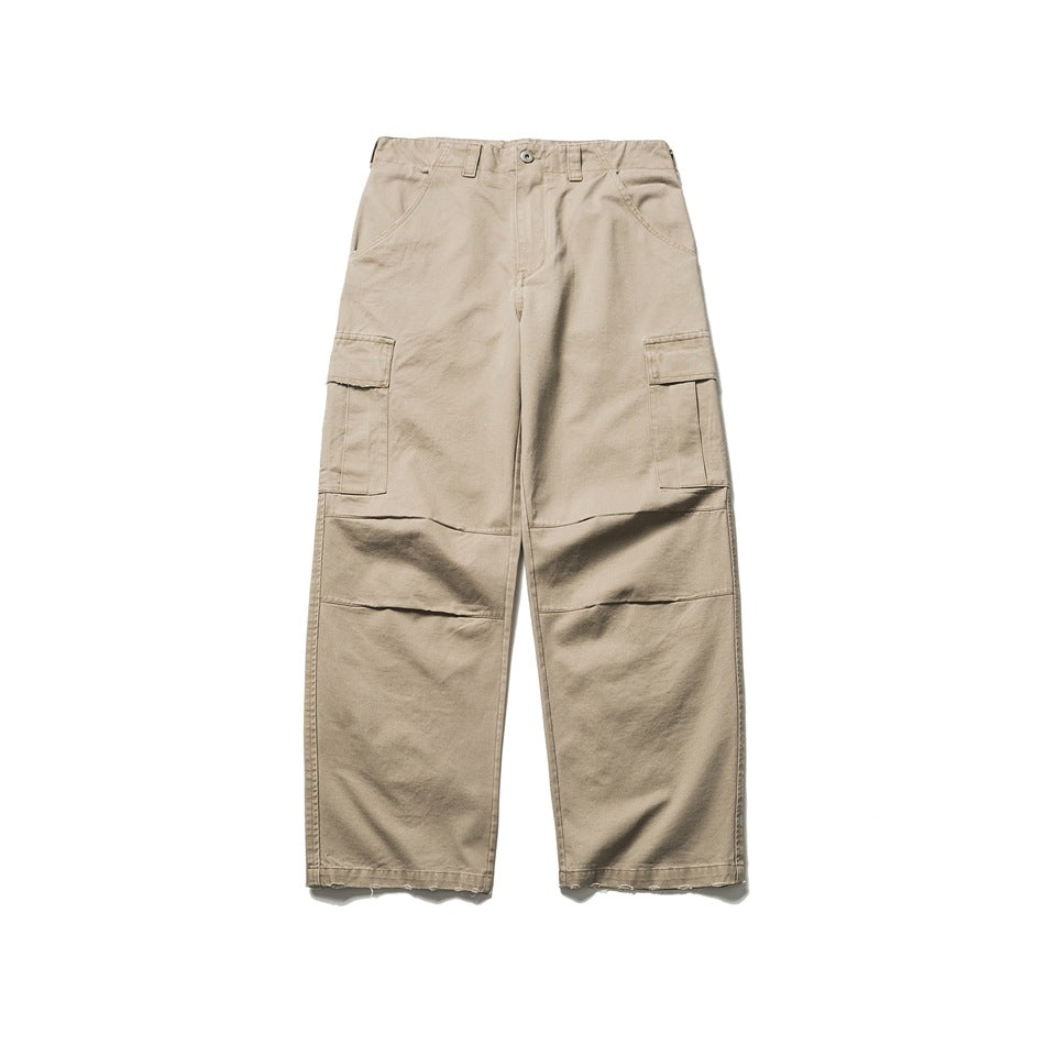 Khaki wide-leg cargo pants flat lay, front view, with thigh flap pockets, knee panels and frayed hems