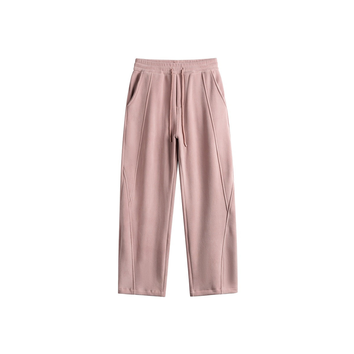 Pink wide-leg drawstring sweatpants, flat front view with curved seam details and side pockets
