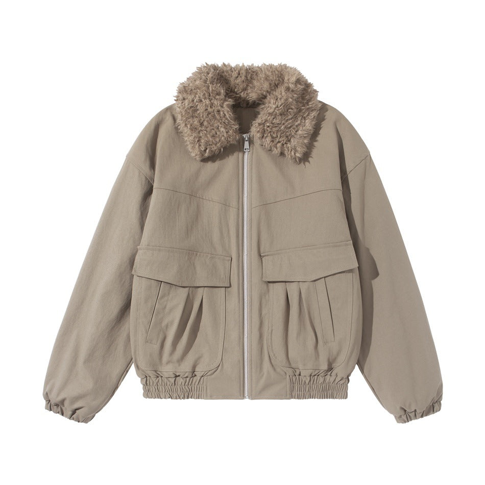 Khaki zip-front jacket with fluffy fleece-like collar, large flap pockets and elastic cuffs and hem, flat lay
