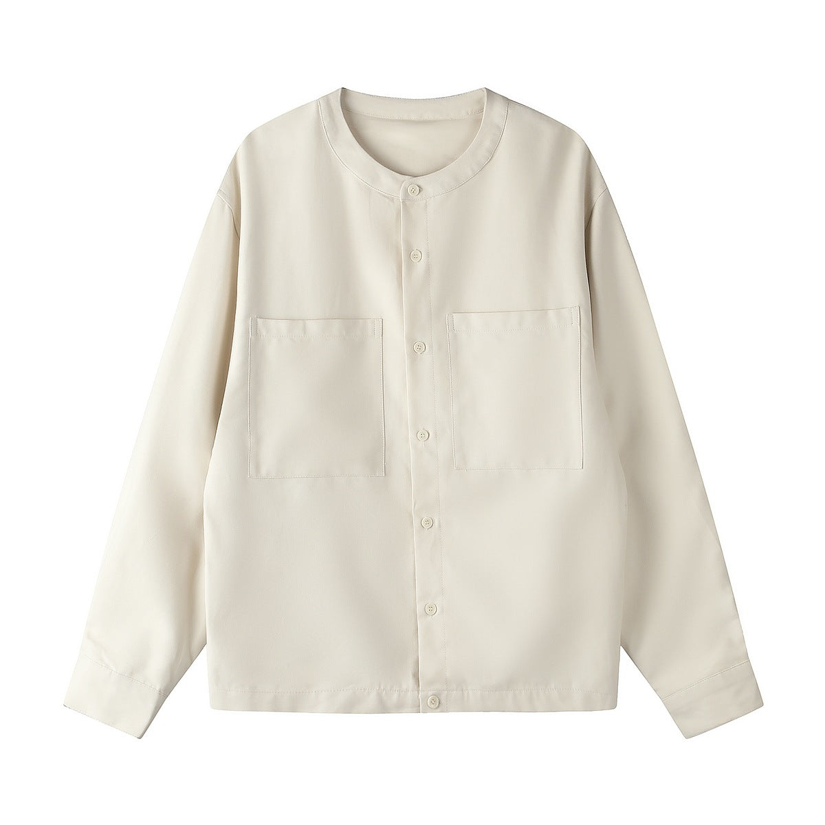Beige collarless button-front shirt jacket with two large chest patch pockets, flat lay front view