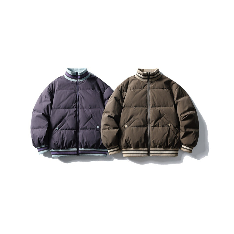 Two front-facing padded zip jackets shown flat: one dark purple with blue and purple trim, one brown with beige and black
