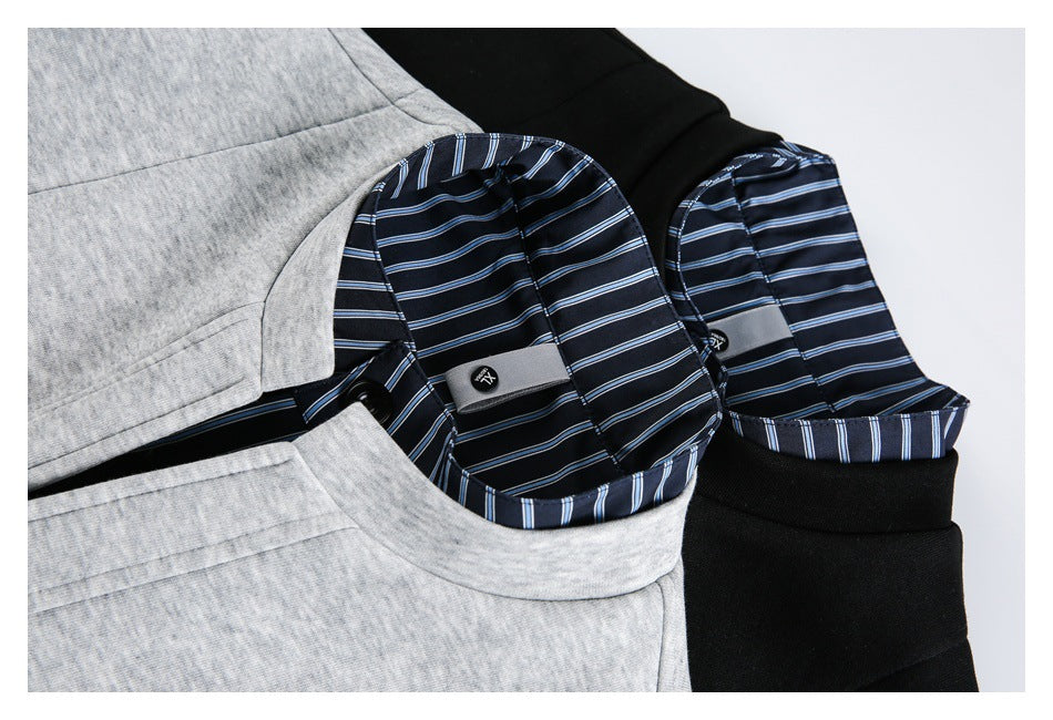 Close-up of striped inner lining and cuff details on the light gray and black jackets.