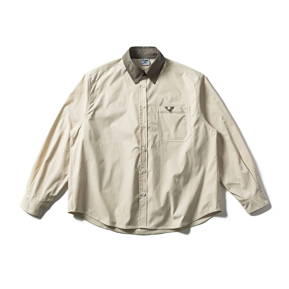 Off-white long-sleeve button-front shirt with olive contrast collar and chest pocket, flat lay front view