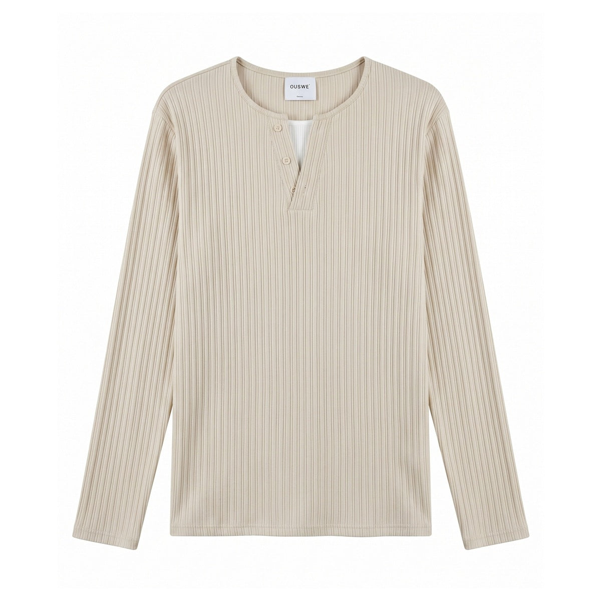 Oat beige ribbed long-sleeve top with rounded neckline, button placket and white layered insert, flat front view