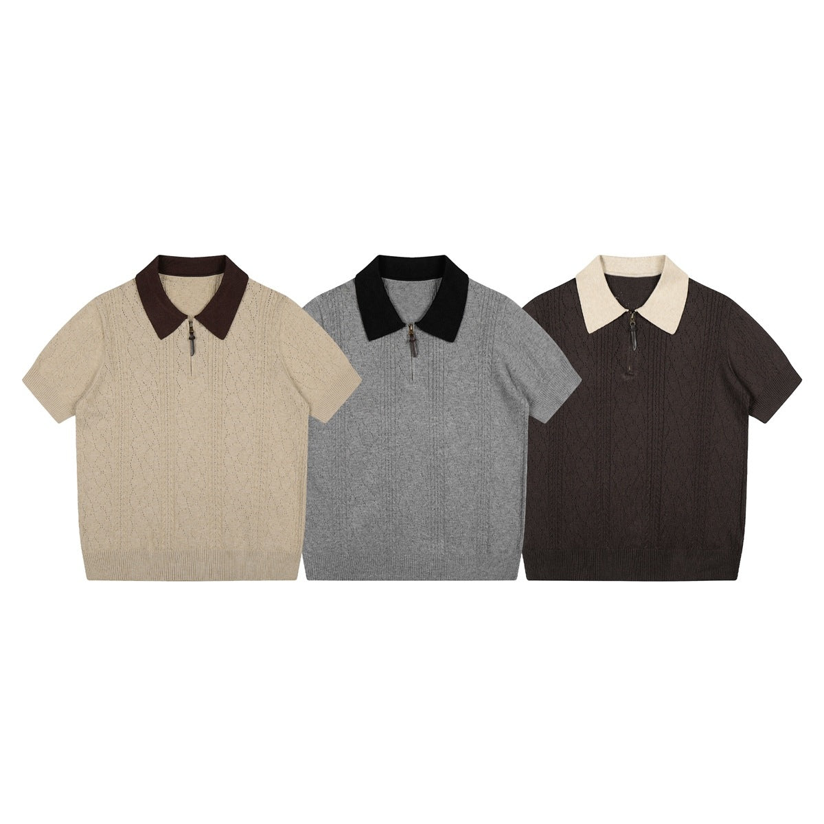 Three short-sleeve knit tops shown from the front in beige, gray, and dark brown, each with a contrast collar and zipper.