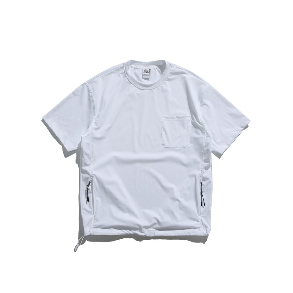 White short-sleeve crew-neck tee flat lay with chest pocket, side zip pulls and drawcord hem