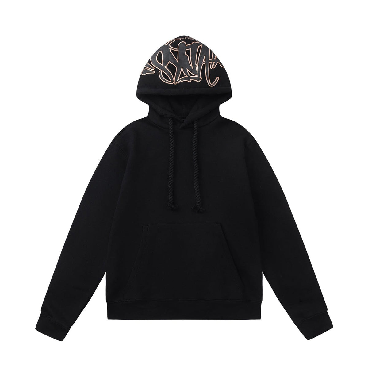 The Syna World Graphic Hoodie is a black pullover with drawstrings, a kangaroo pocket, and bold graffiti-style hood design—your new streetwear staple. Available in four colorways.