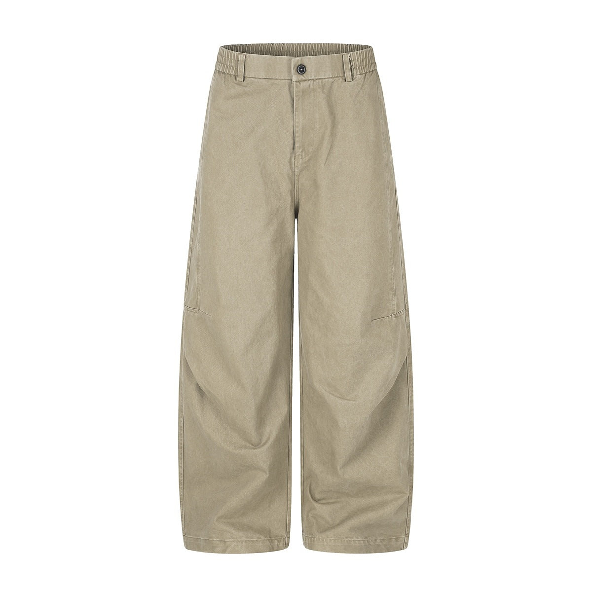 Khaki wide-leg pants with elastic side waist, belt loops, button closure and curved leg seams, front flat view