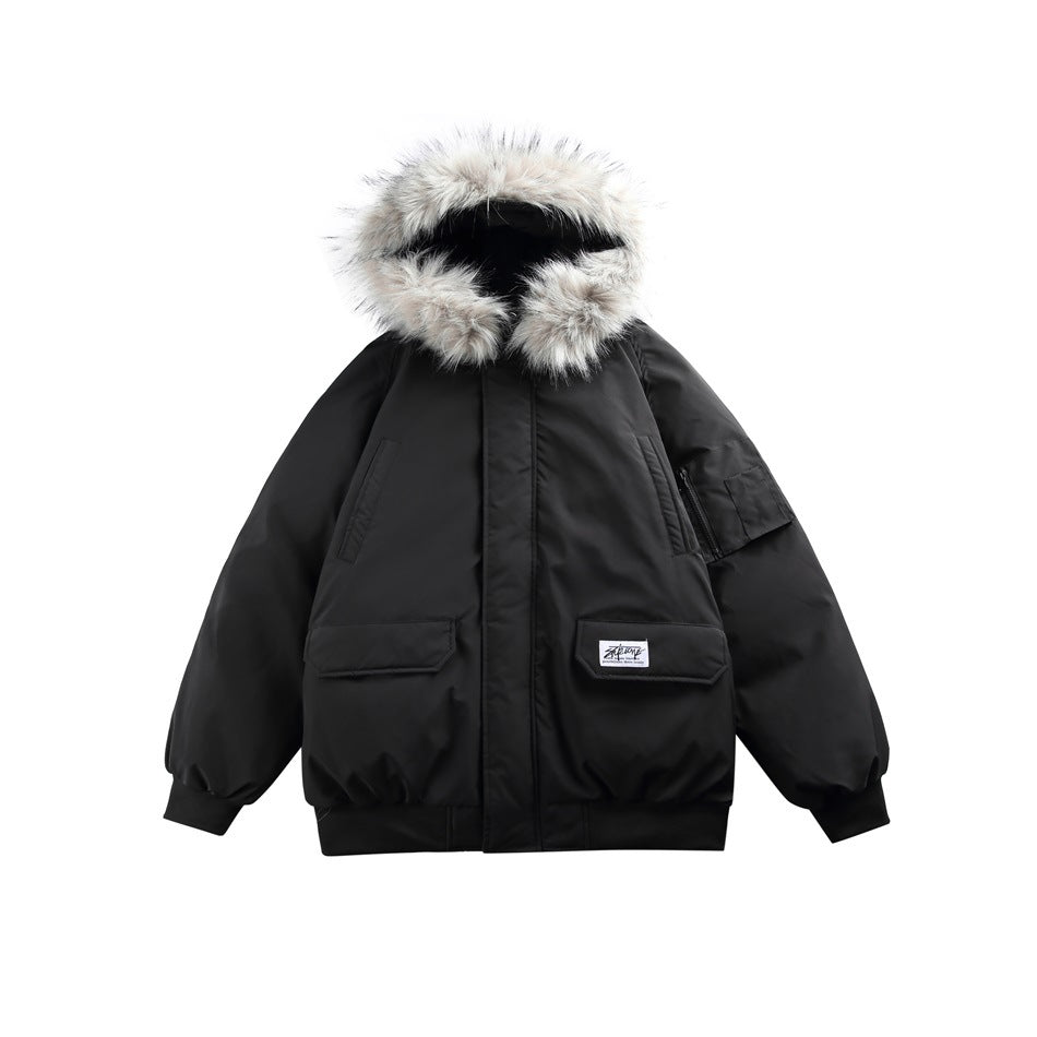 Black hooded bomber jacket with fur-look hood trim, flap pockets, sleeve zip pocket and ribbed cuffs, flat front view