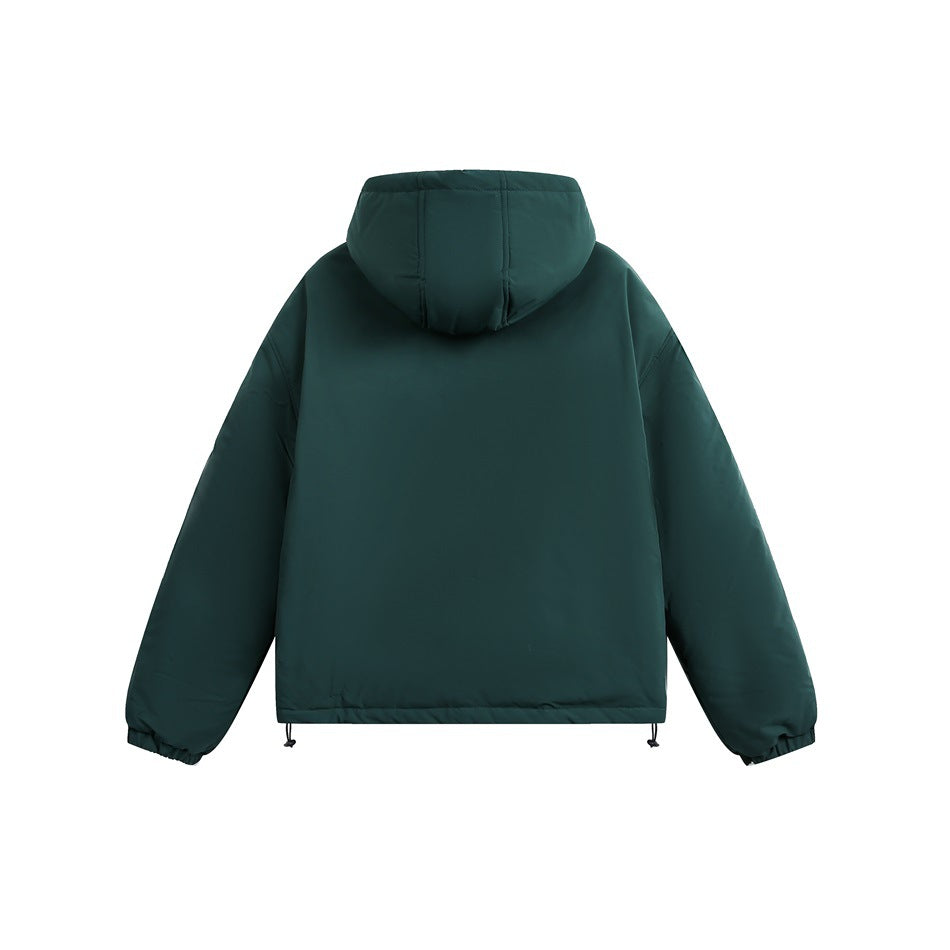 Back view of a dark teal hooded jacket with long sleeves and adjustable drawcords at the hem.