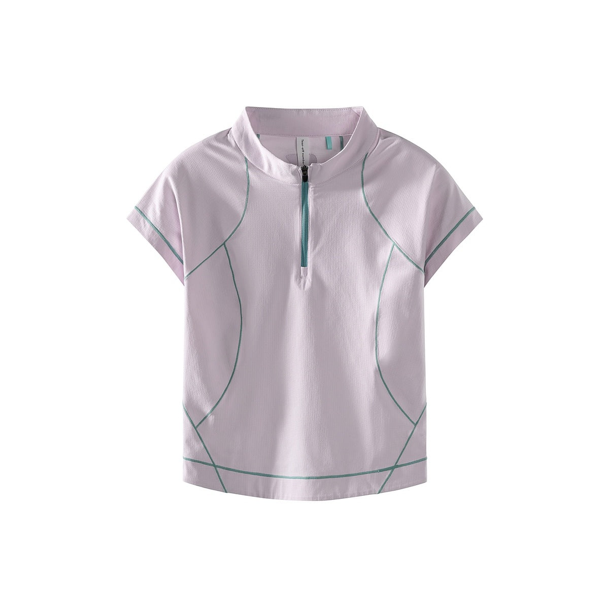 Light purple half-zip short-sleeve top with teal contrast topstitching and zipper tape, flat front view