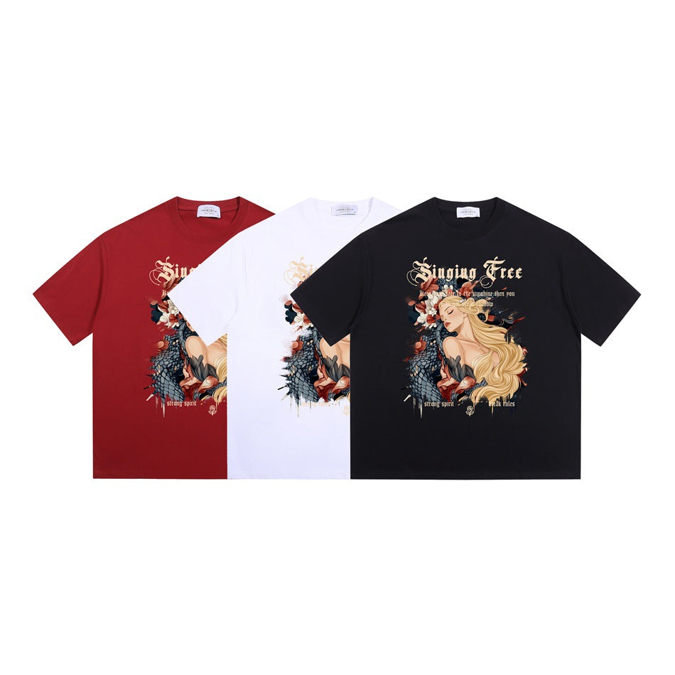 Front views of the illustrated graphic T-shirt in red, white, and black.