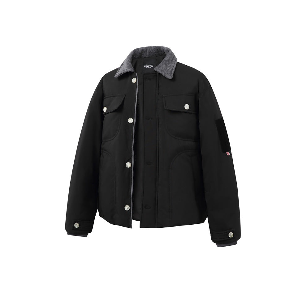 Black padded jacket with gray ribbed collar, button flap chest pockets, button and zip front and cuff tabs, front view