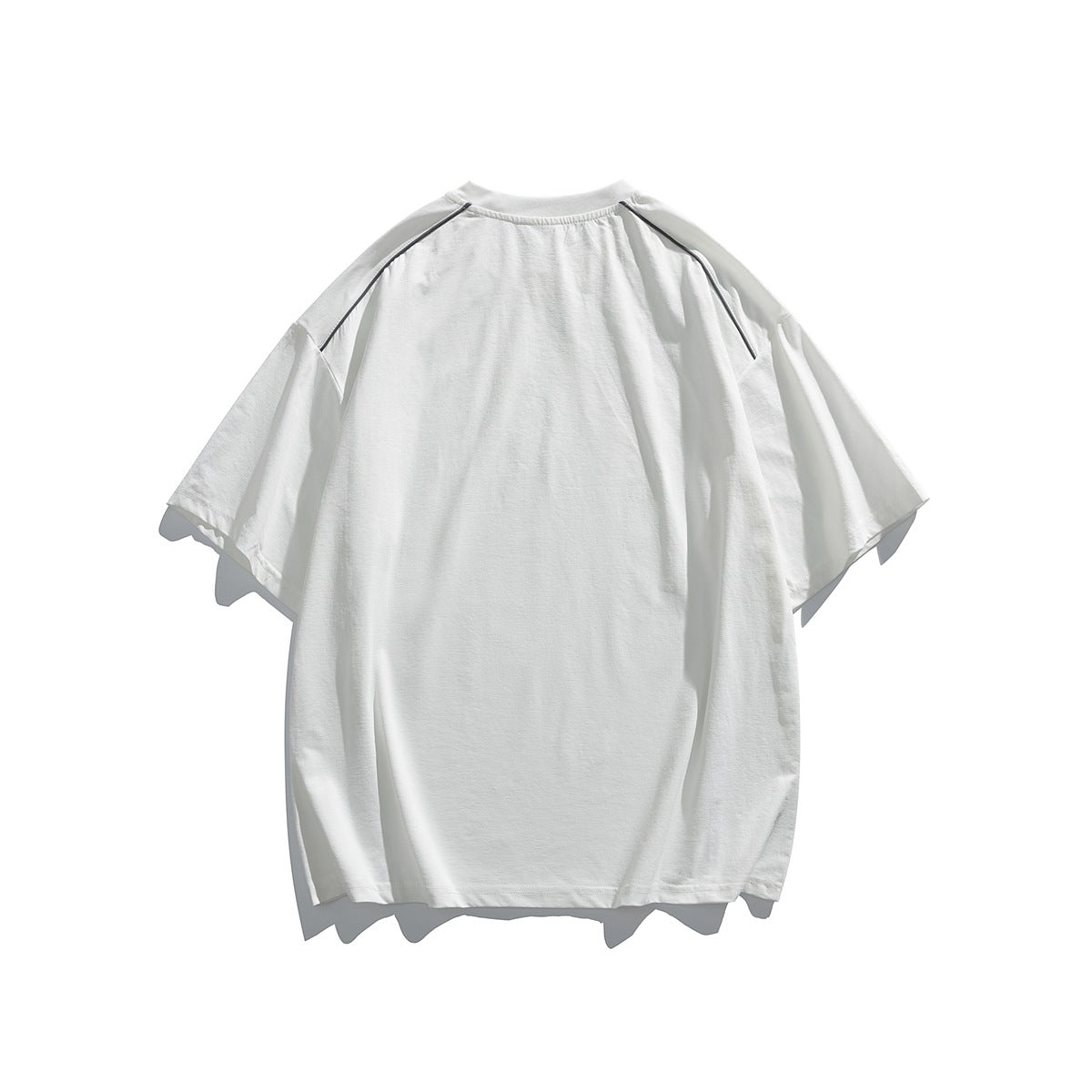 Back view of a white short-sleeve T-shirt with dark piping along the raglan shoulder seams.