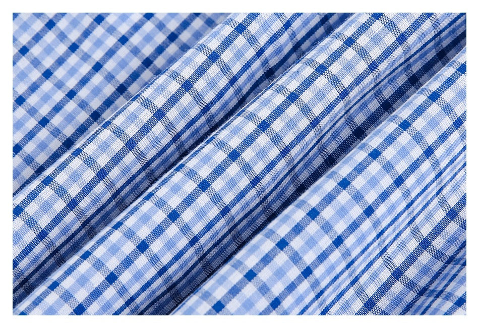 Close-up of the blue-and-white gingham fabric, showing its woven check pattern and folds.