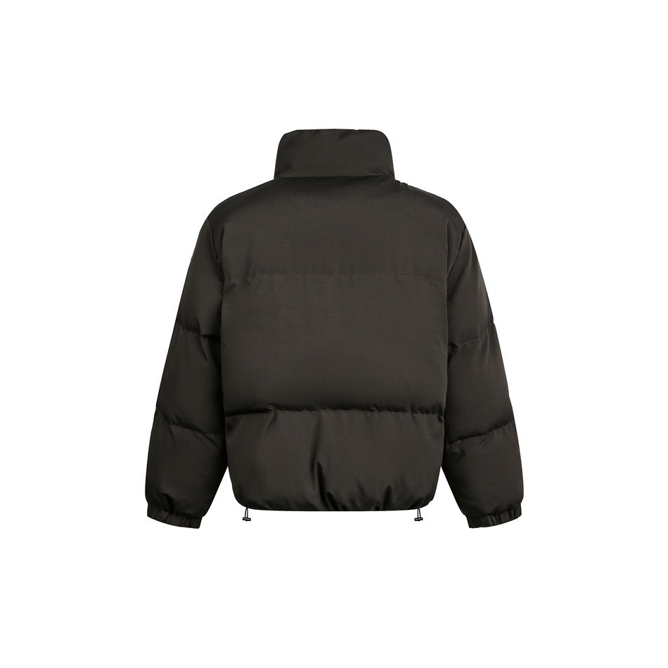 Back view of a dark brown puffer jacket with horizontal quilting, a high collar, elastic cuffs, and hem drawcords.