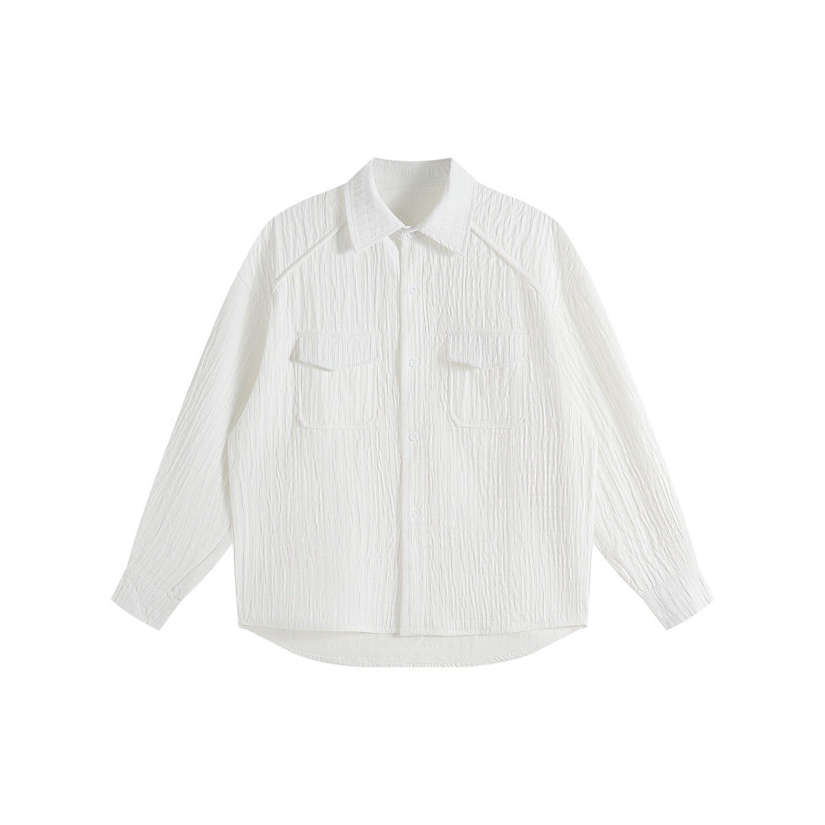 White textured long-sleeve button-up shirt with two flap chest pockets, flat lay front view