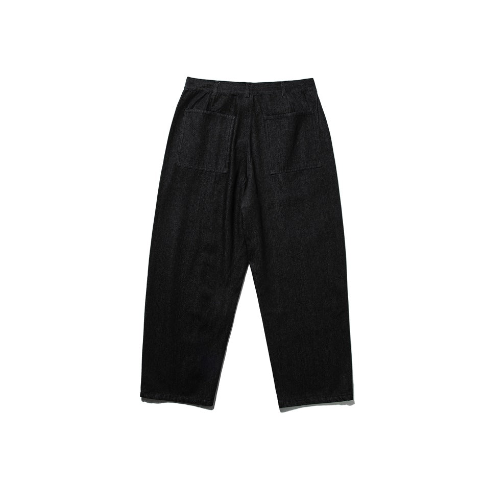 Back view of black denim wide-leg jeans showing two large patch pockets and belt loops