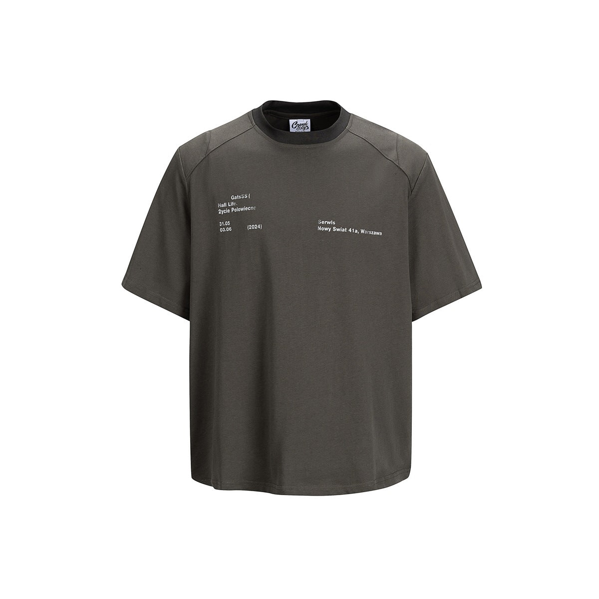 Front view of a gray-green short-sleeve T-shirt with darker collar and small white text print on the chest