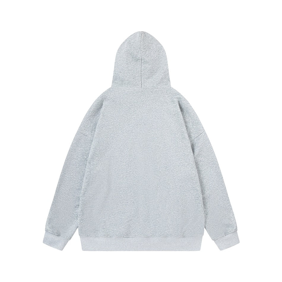 Back view of a plain light-gray hooded sweatshirt with long sleeves and ribbed cuffs and hem.