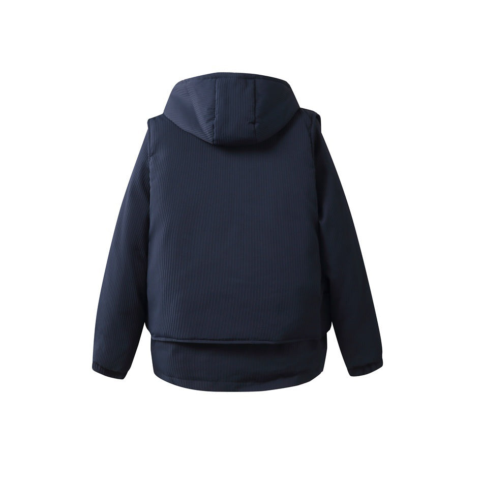 Back view of a dark navy hooded jacket with long sleeves and a slightly longer curved hem.