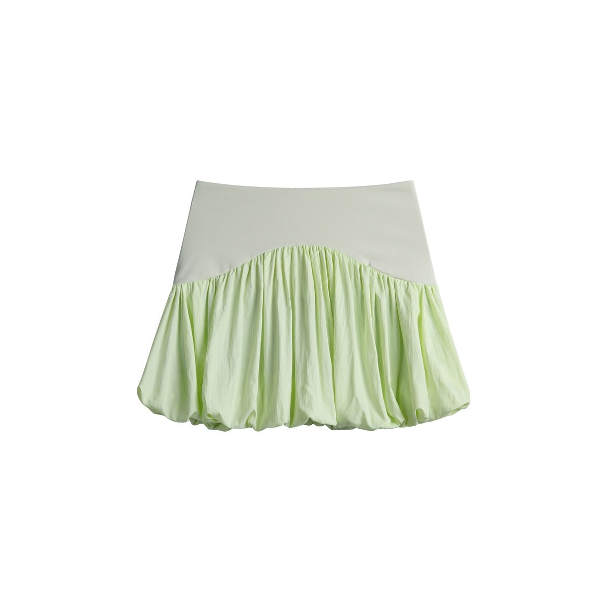 Light aqua green high-waist mini skort with a gathered puffed bubble hem, flat front view