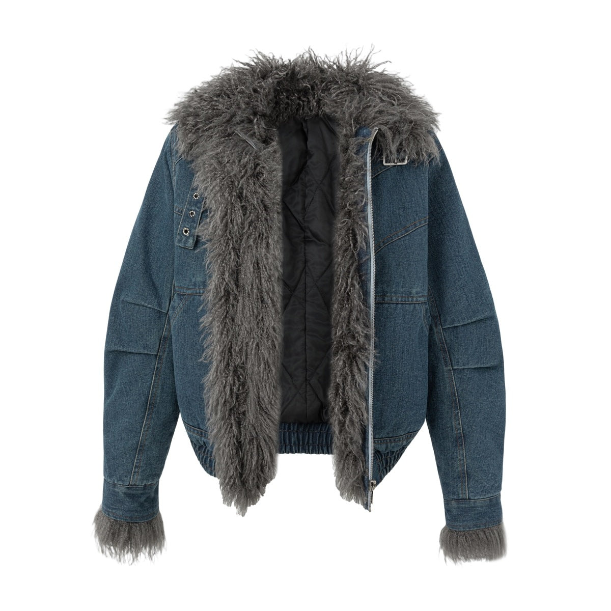 Front view of the blue denim jacket opened to show its gray shaggy trim and dark lining.